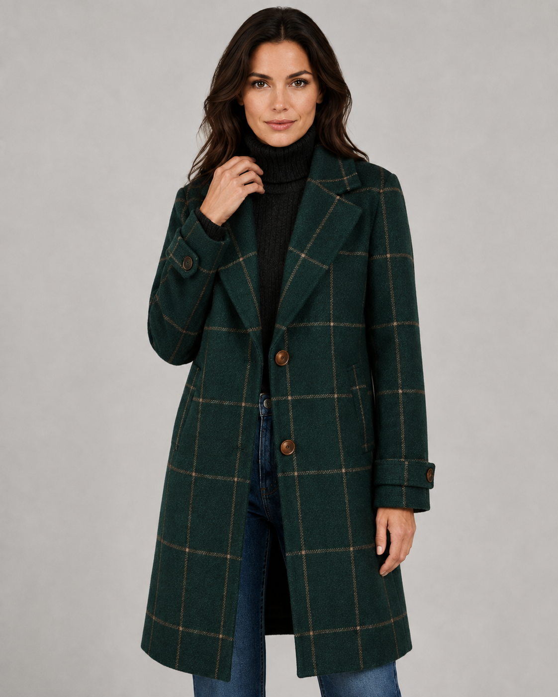 Women's Long Tailored Winter Coat with Windowpane Check